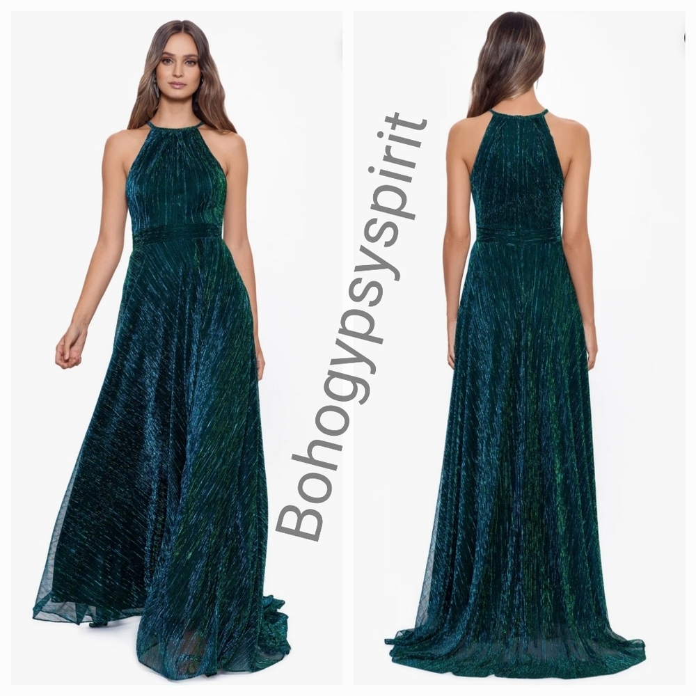 $289 Betsy & Adam Long Halter Metallic Dress, Jade Green Formal
